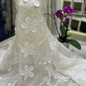 手工礼服面料后工艺立体镂空棉线蕾丝绣花